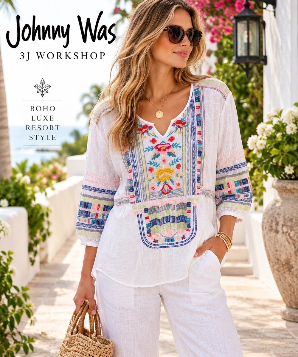 Boho Artisan Johnny Was 3J Workshop Embroidered Cotton Tunic Blouse Pristine
